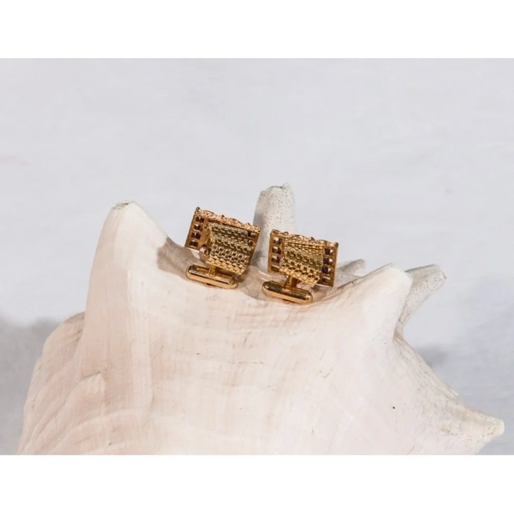 Vtg cufflinks mesh gold tone metal blue glass custom jewelry academia preppy